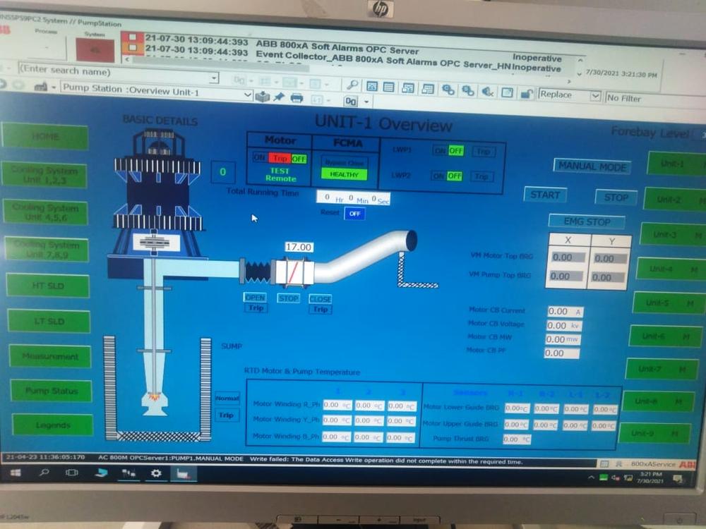 Pump unit overview on SCADA with valve and motor data